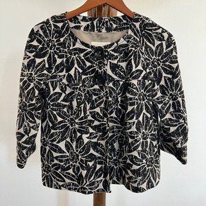 Michael Kors Size S Black Floral Scoop Neck 3/4 Sleeve Open Front Linen Jacket
